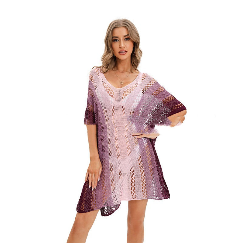 Robe de Plage Mini Femme Col V – Coupe Ample Rayée Manches Courtes