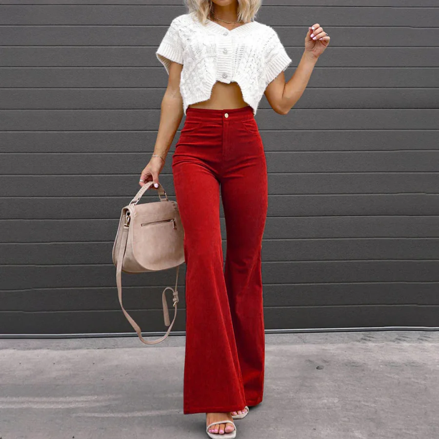 Damen Flare Hose mit Rippenstruktur – Eng anliegender Schnitt, mittelhoher Bund