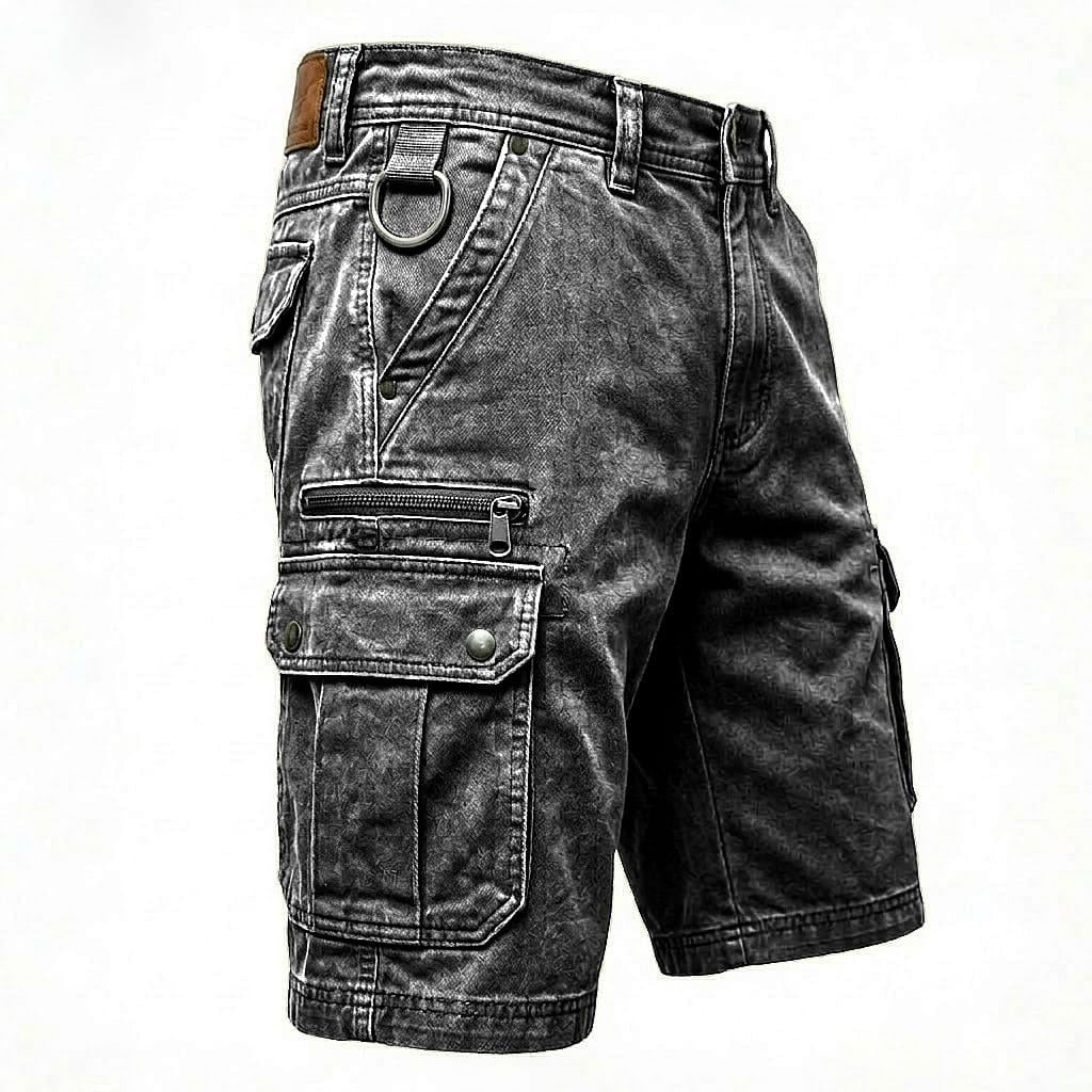 Kurze Cargo-Hose für Herren aus gewaschenem Baumwoll-Jeansstoff – mittelhohe Passform, knielang