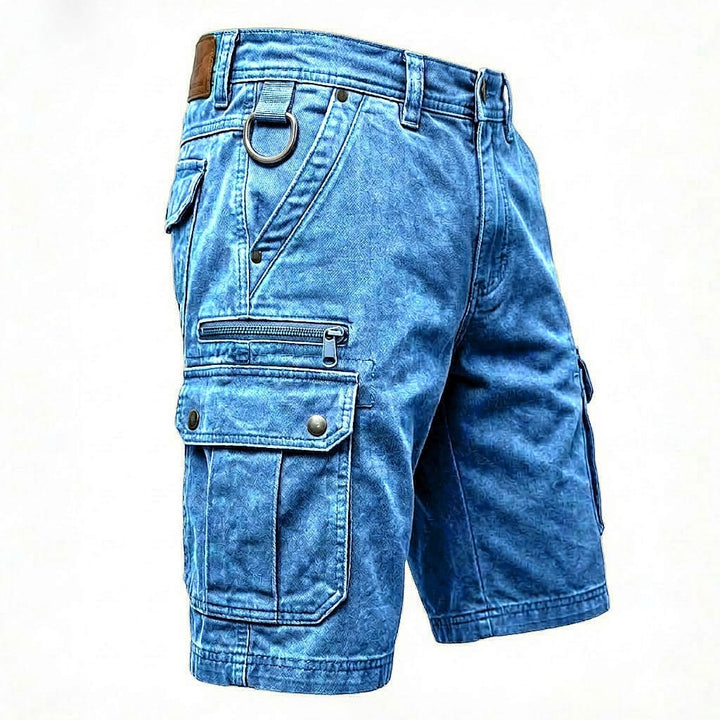 Kurze Cargo-Hose für Herren aus gewaschenem Baumwoll-Jeansstoff – mittelhohe Passform, knielang