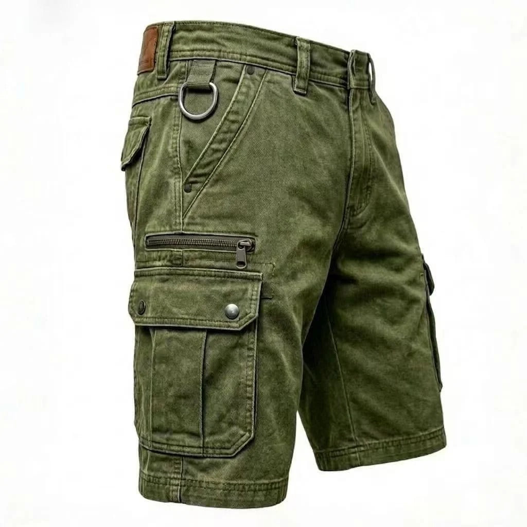 Kurze Cargo-Hose für Herren aus gewaschenem Baumwoll-Jeansstoff – mittelhohe Passform, knielang