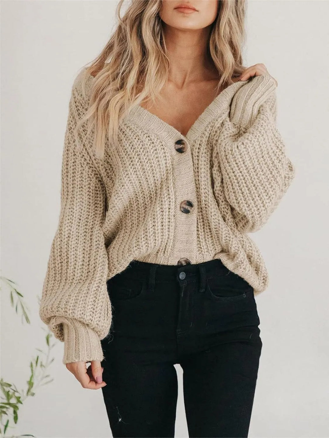 Cardigan Femme Maille Épaisse – Coupe Oversize, Manches Ballon