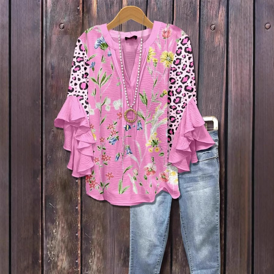 Blusa donna con stampa botanica – maniche a volant e scollo a V
