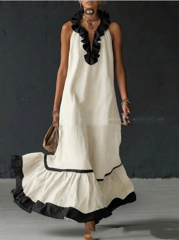 Damen Maxikleid mit Volants aus Baumwolle – Trapez-Silhouette, Ärmellos
