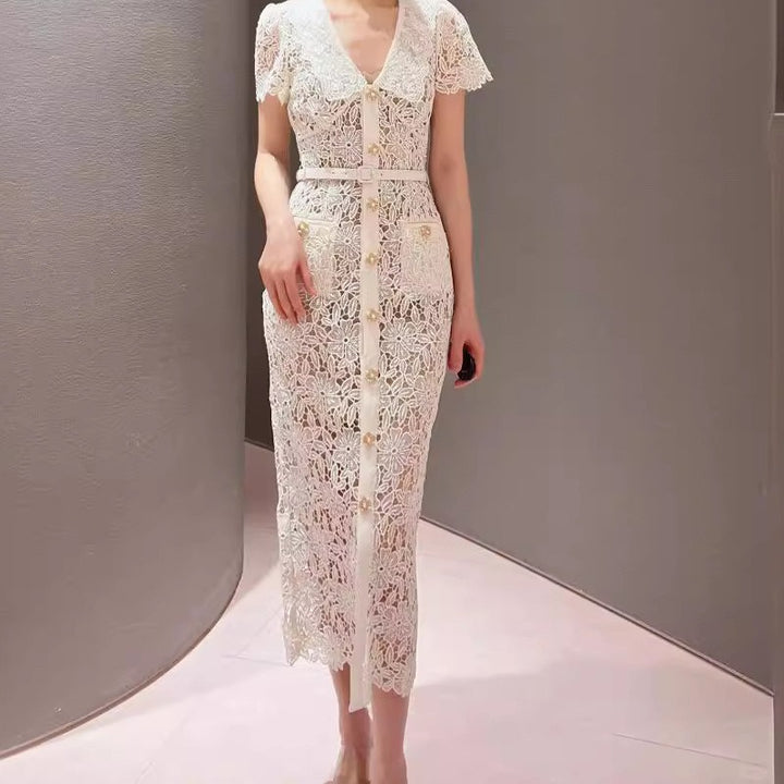 Women's Short Sleeve Robe with Lapel Collar – Handmade Lace Detail