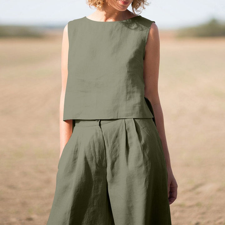 Completo Due Pezzi Donna in Lino e Cotone – Pantalone Largo e Top Senza Maniche