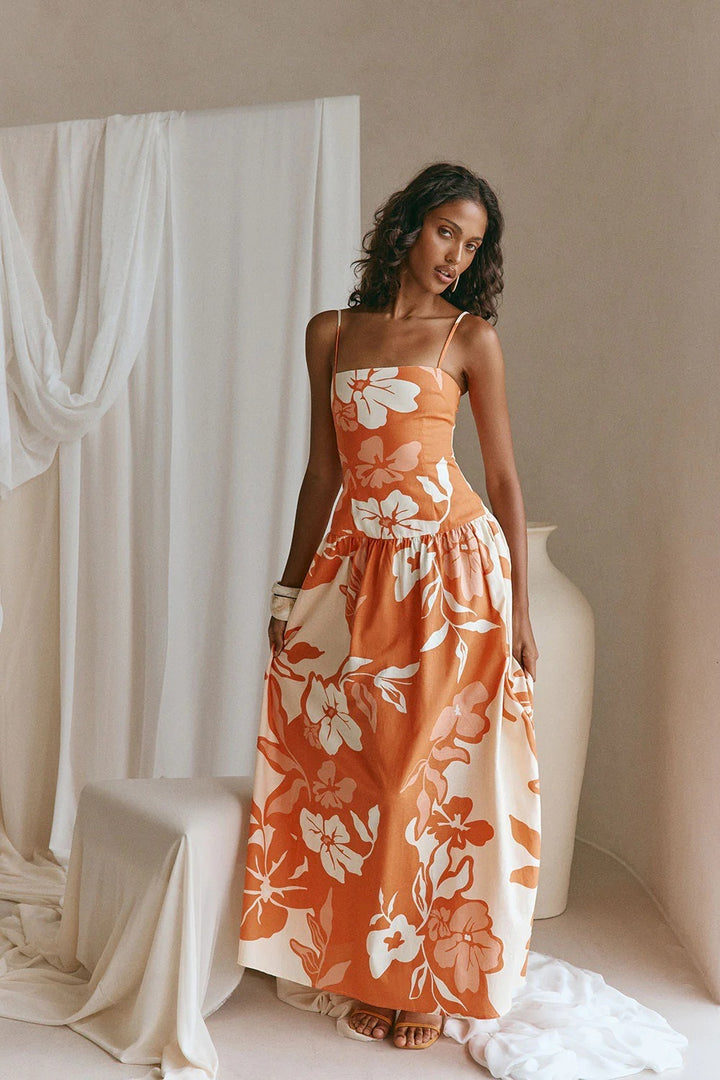 Robe Longue Femme Fleurie – Col Carré Bretelles Fines Réglables