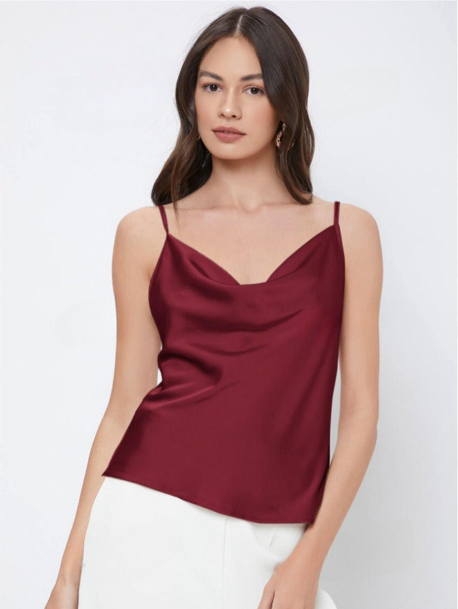 Damen-Caraco mit Wasserfallausschnitt aus Satin – Sanft drapierte, ärmellose Silhouette