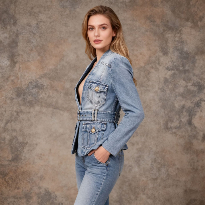 Damenblazer aus Baumwollmischung – taillierte Silhouette mit Used-Effekt