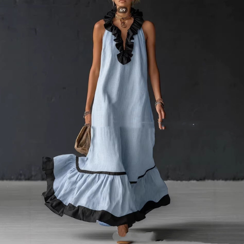 Damen Maxikleid mit Volants aus Baumwolle – Trapez-Silhouette, Ärmellos