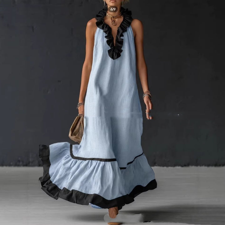 Damen Maxikleid mit Volants aus Baumwolle – Trapez-Silhouette, Ärmellos