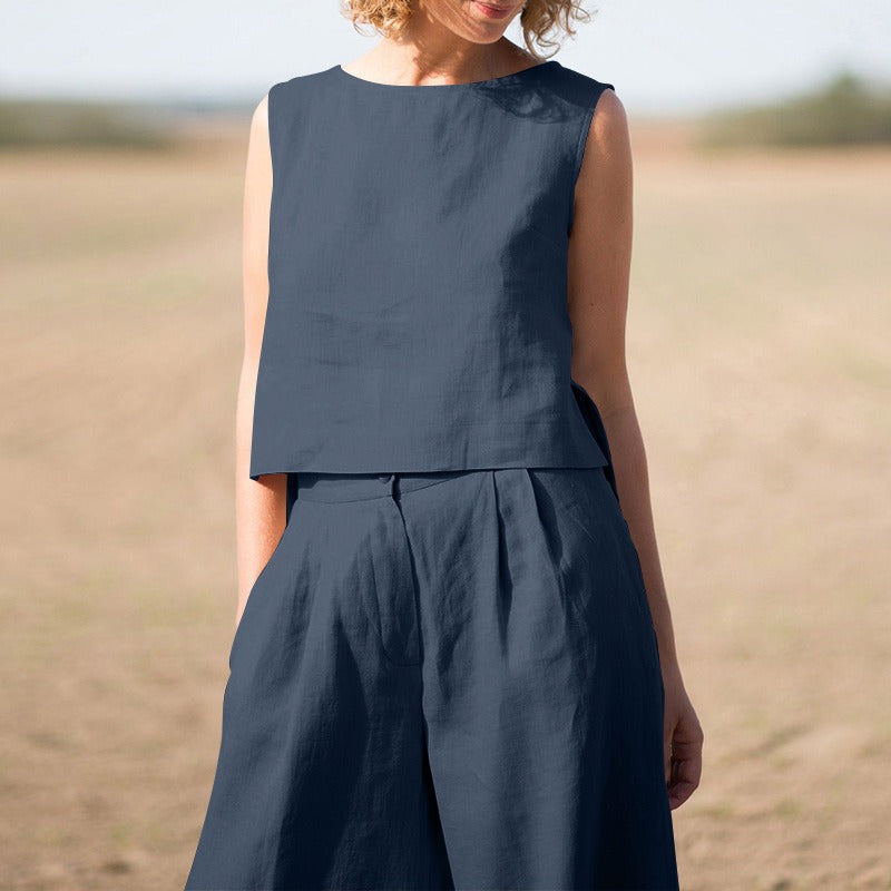 Completo Due Pezzi Donna in Lino e Cotone – Pantalone Largo e Top Senza Maniche