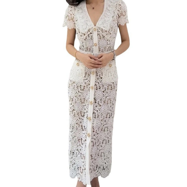 Women's Short Sleeve Robe with Lapel Collar – Handmade Lace Detail