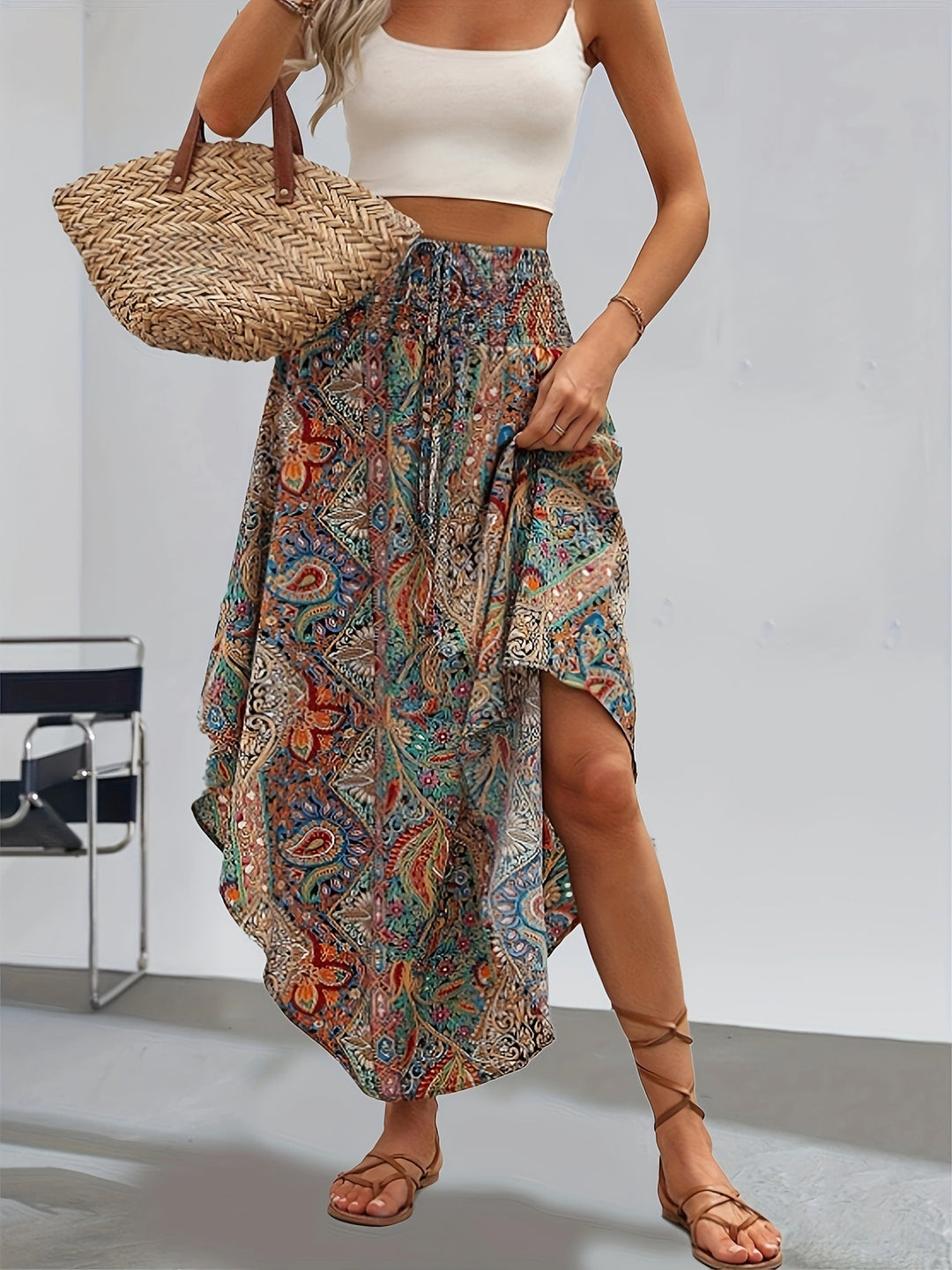 Langer Damenrock im Boho-Stil mit Print – Hohe Taille, fließend