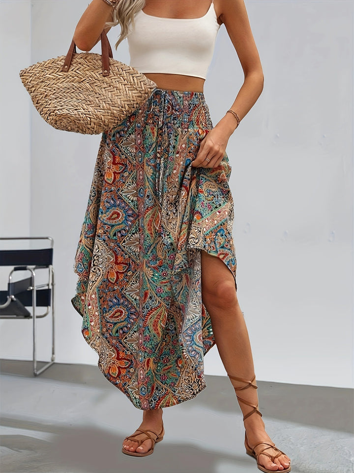 Langer Damenrock im Boho-Stil mit Print – Hohe Taille, fließend