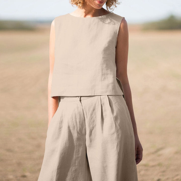 Completo Due Pezzi Donna in Lino e Cotone – Pantalone Largo e Top Senza Maniche