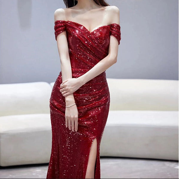 Long Mermaid Sequin Dress for Women – Bardot Heart Neckline and High Slit
