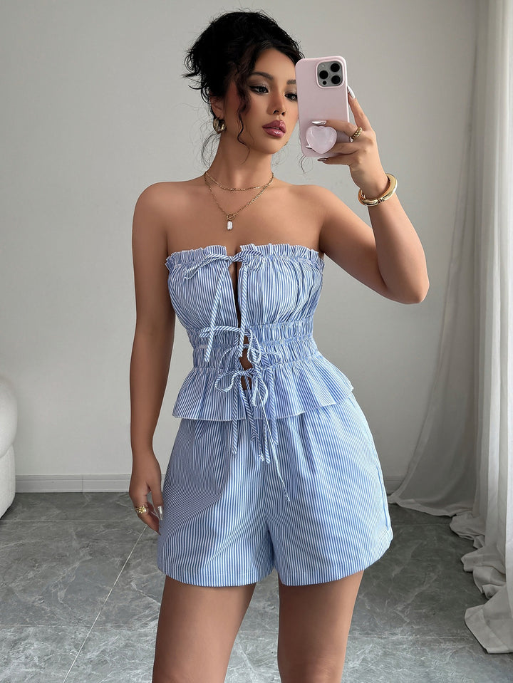 Completo donna due pezzi con short – senza maniche, lacci in vita alta