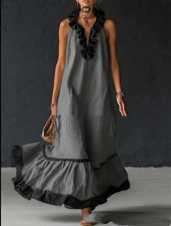 Damen Maxikleid mit Volants aus Baumwolle – Trapez-Silhouette, Ärmellos