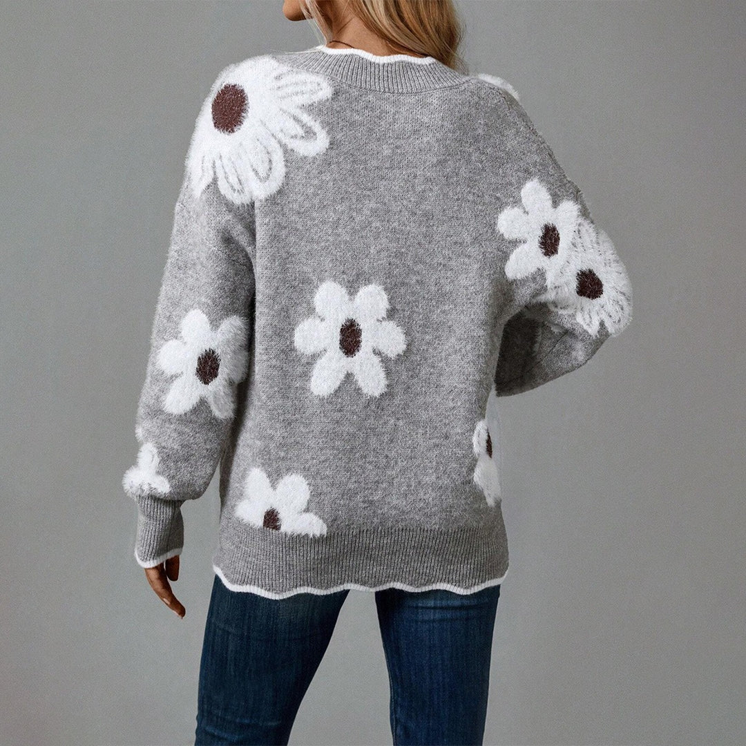 Damenpullover mit Spitzenkragen – strukturiertes Blumenmuster-Strickdesign