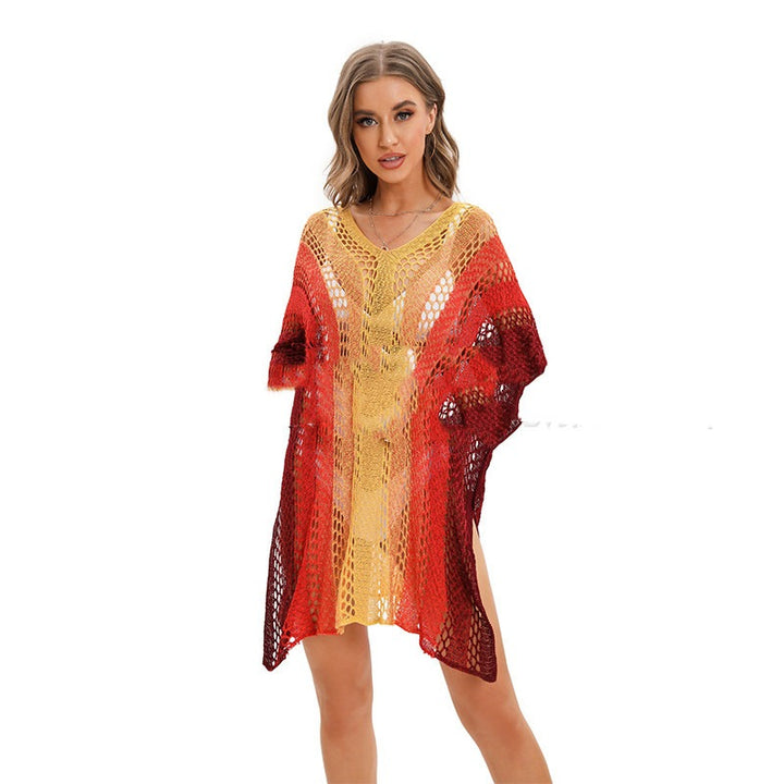 Robe de Plage Mini Femme Col V – Coupe Ample Rayée Manches Courtes