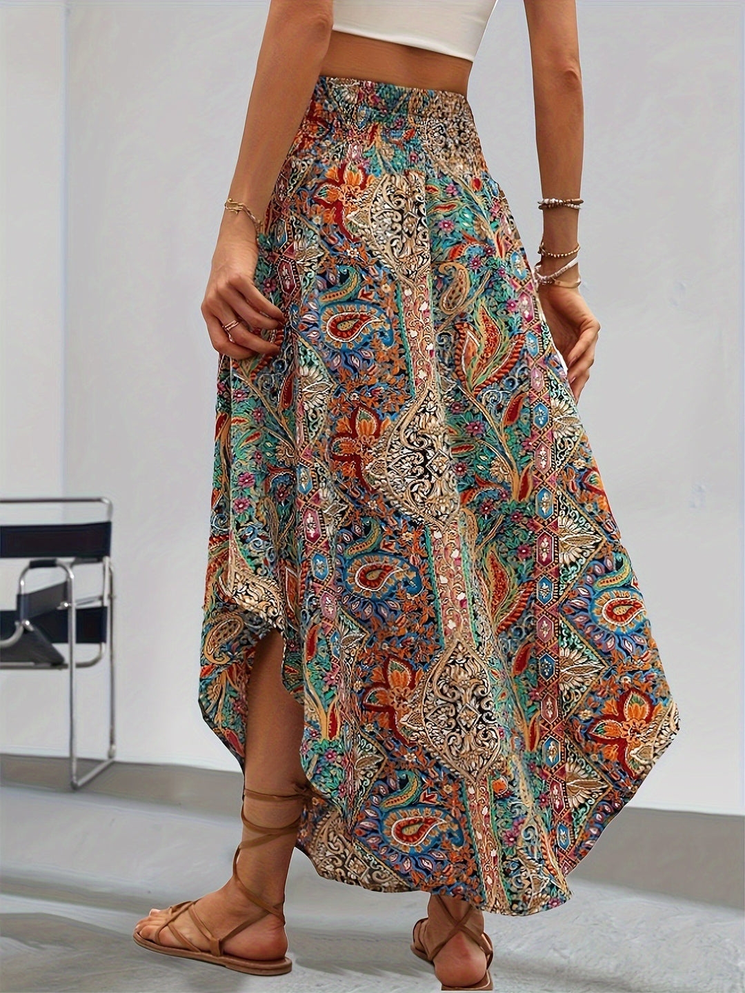 Langer Damenrock im Boho-Stil mit Print – Hohe Taille, fließend