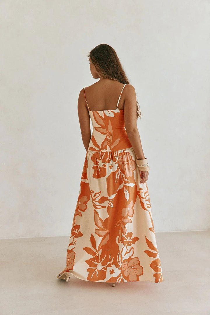 Robe Longue Femme Fleurie – Col Carré Bretelles Fines Réglables