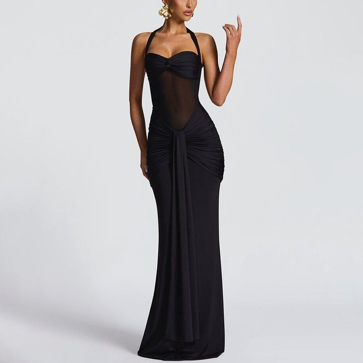 Eng anliegendes langes Kleid mit Raffungen für Damen – Abendkleid mit transparentem Einsatz