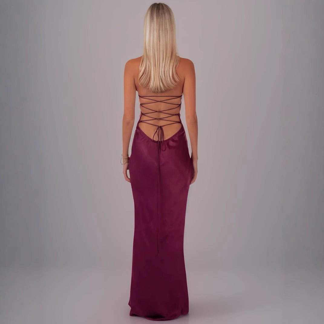 Lang kjole til kvinder med bustier og palietter – åben ryg med snore