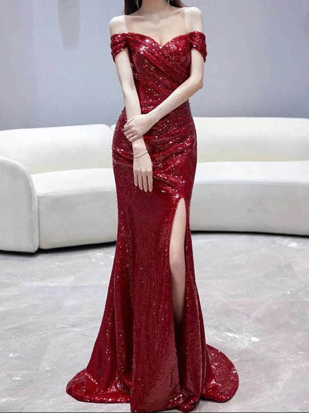Long Mermaid Sequin Dress for Women – Bardot Heart Neckline and High Slit