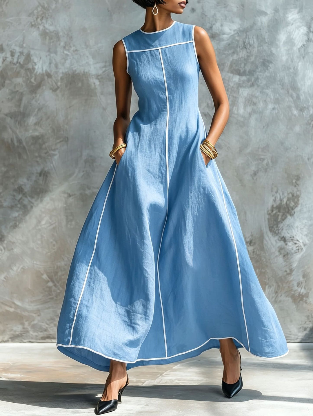 Langes ärmelloses Damenkleid – figurbetonter minimalistischer Schnitt, A-Linie
