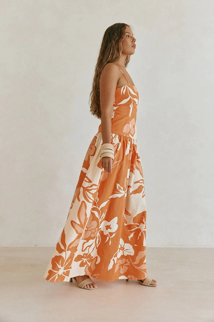 Robe Longue Femme Fleurie – Col Carré Bretelles Fines Réglables