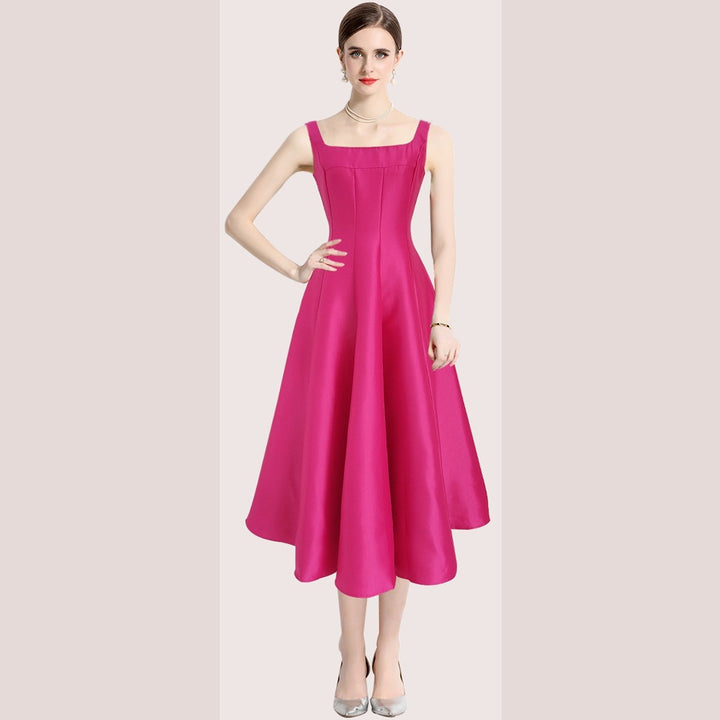 Robe Midi Femme à Bretelles Vintage – Coupe Ajustée Sans Manches