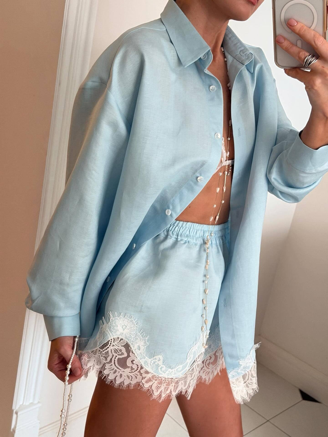 Women's Lace Panel Shirt and Shorts Set – Long Sleeve with Lapel Collar