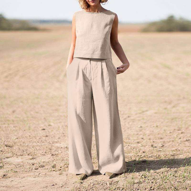 Completo Due Pezzi Donna in Lino e Cotone – Pantalone Largo e Top Senza Maniche