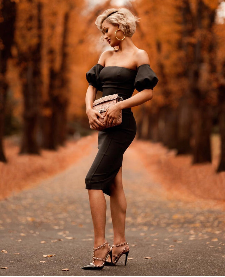 Midi-Kleid für Damen mit Puffärmeln – Leichter Rayon-Stoff