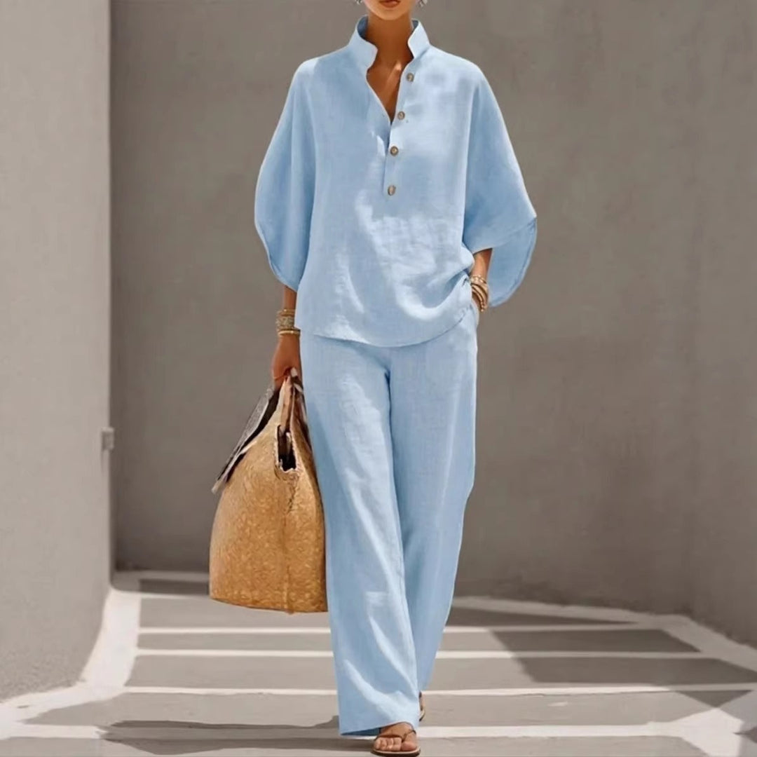 Damen Koordiniertes Ensemble aus Leinen – Oversize Passform, V-Ausschnitt und Gerade Hose