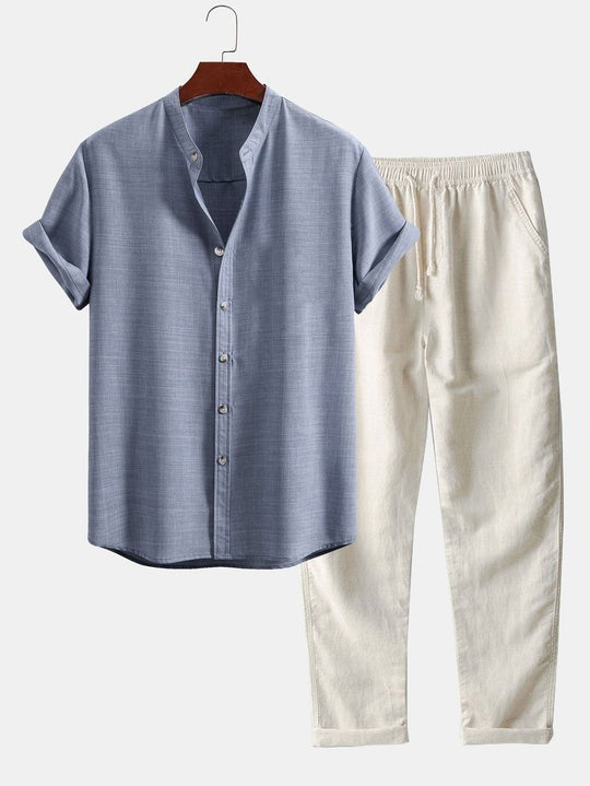 Completo Due Pezzi in Lino da Uomo – Camicia a Maniche Corte Pantaloni con Coulisse
