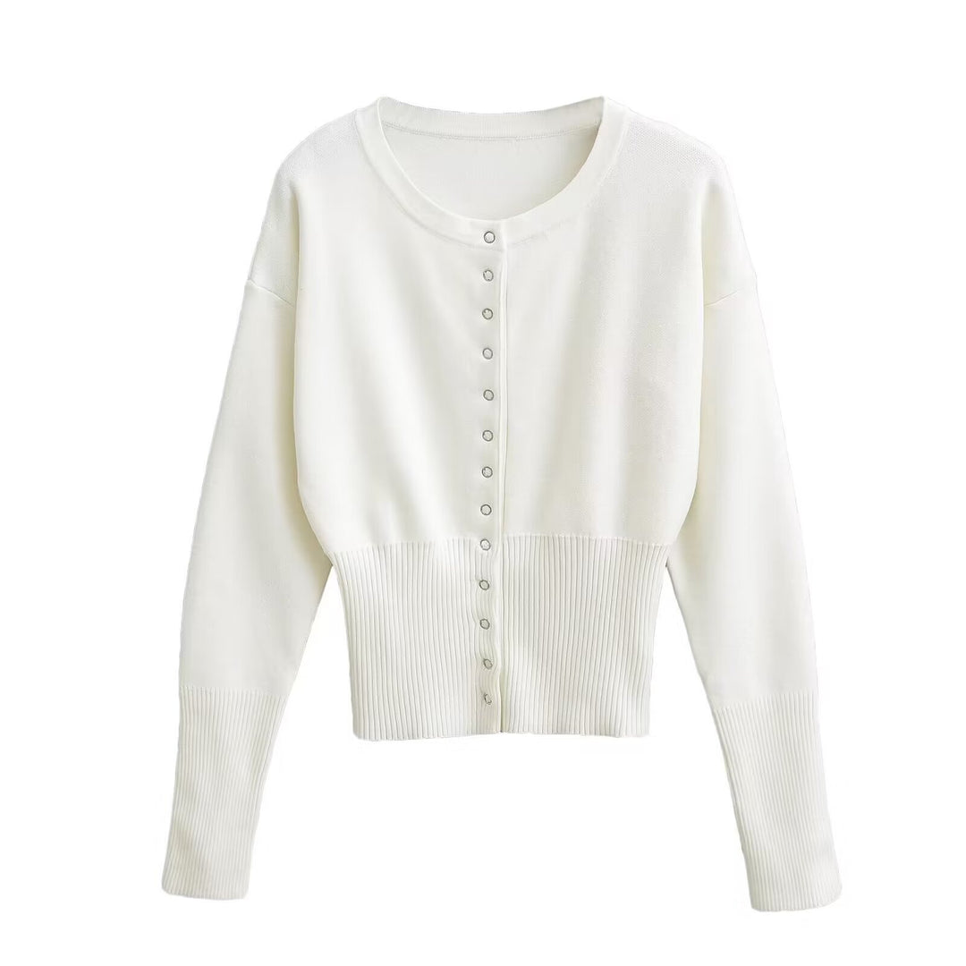 Cardigan donna in maglia – Collo rotondo con bottoni e finitura testurizzata