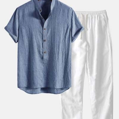 Completo Due Pezzi in Lino da Uomo – Camicia a Maniche Corte Pantaloni con Coulisse