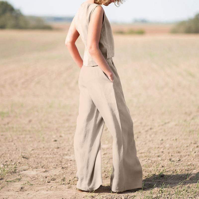 Completo Due Pezzi Donna in Lino e Cotone – Pantalone Largo e Top Senza Maniche
