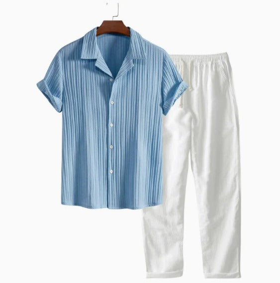 Completo Due Pezzi in Lino da Uomo – Camicia a Maniche Corte Pantaloni con Coulisse