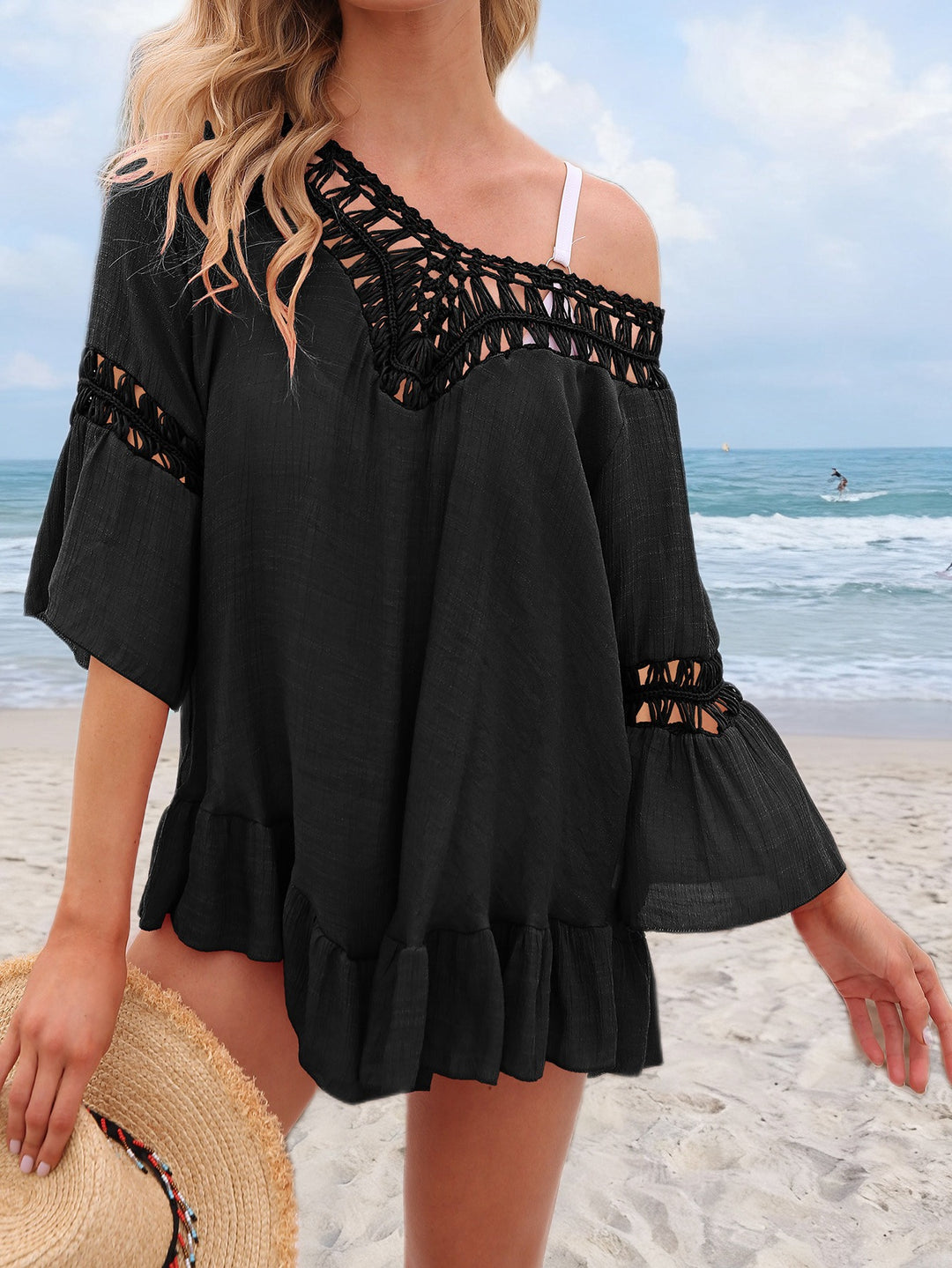 Women's Mini Dress in Woven Fabric – Crochet Trim & Cutout Design