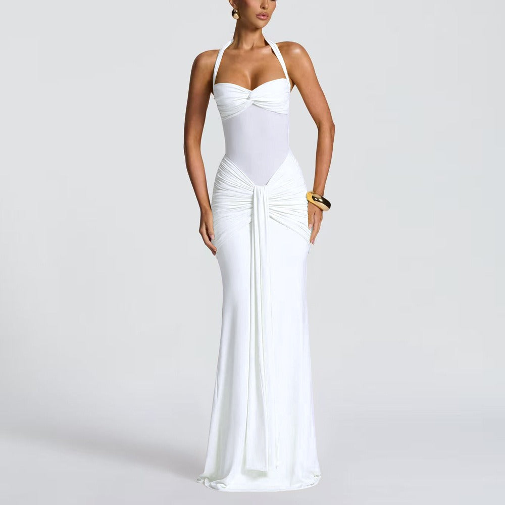 Eng anliegendes langes Kleid mit Raffungen für Damen – Abendkleid mit transparentem Einsatz