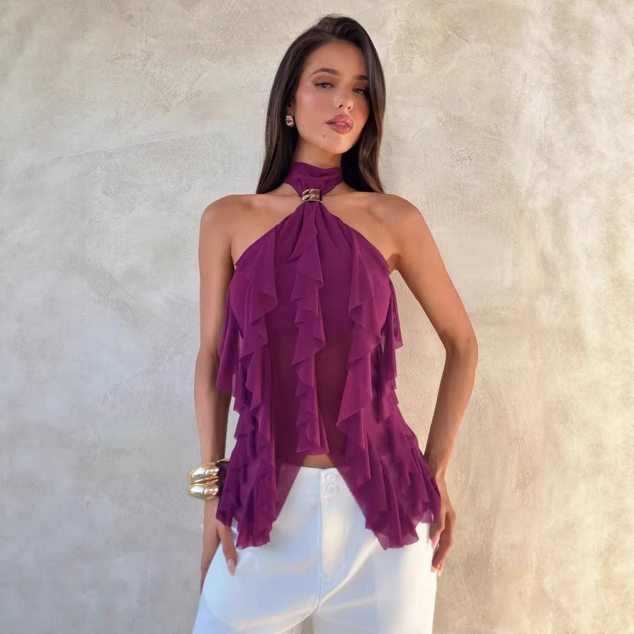Blouse Femme à Volants Halter – Superposition Transparente Occasion