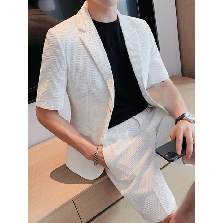 Herrenanzug-Set mit kurzen Ärmeln und Struktur – Eng anliegender atmungsaktiver Slim Fit