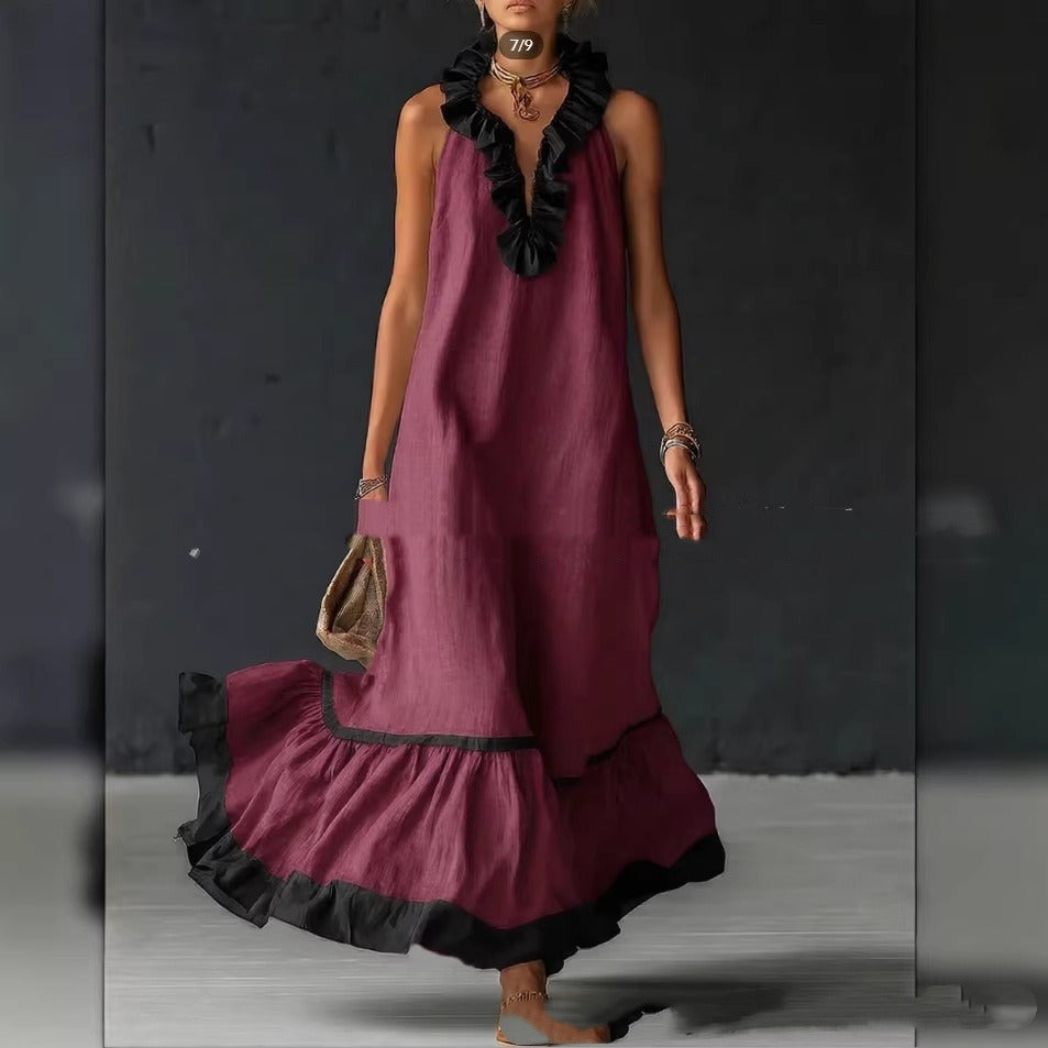 Damen Maxikleid mit Volants aus Baumwolle – Trapez-Silhouette, Ärmellos