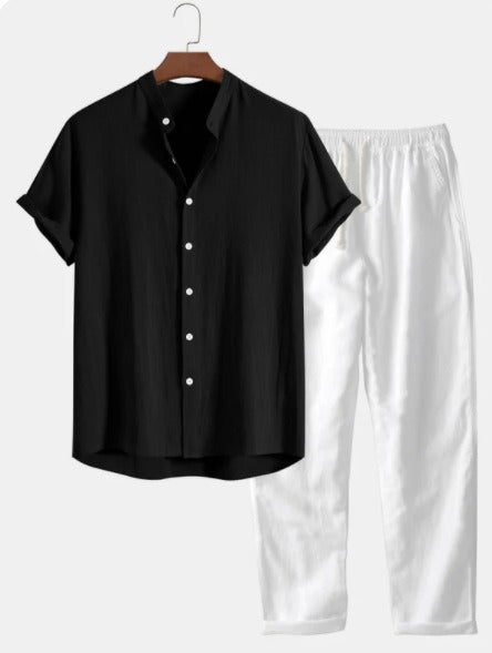 Completo Due Pezzi in Lino da Uomo – Camicia a Maniche Corte Pantaloni con Coulisse