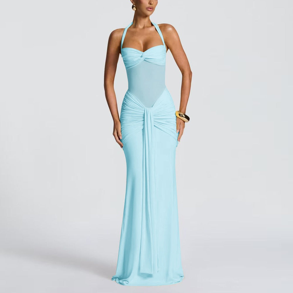 Eng anliegendes langes Kleid mit Raffungen für Damen – Abendkleid mit transparentem Einsatz
