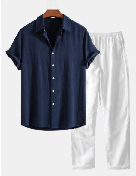 Completo Due Pezzi in Lino da Uomo – Camicia a Maniche Corte Pantaloni con Coulisse